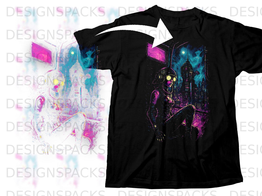 Black t-shirt featuring a cyberpunk woman against a futuristic cityscape at night.