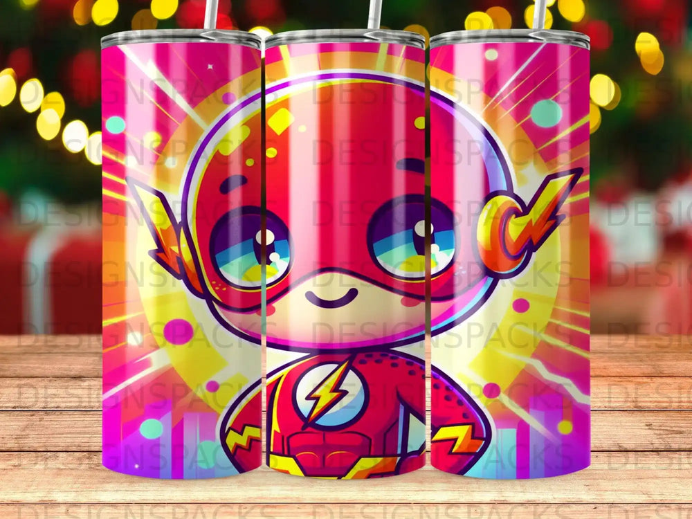 Cartoon Flash character with lightning bolt on chest, on pink background.
