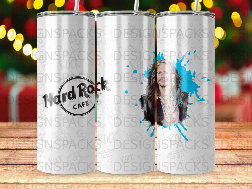 Hard Rock Cafe logo and portrait of a man with long hair.