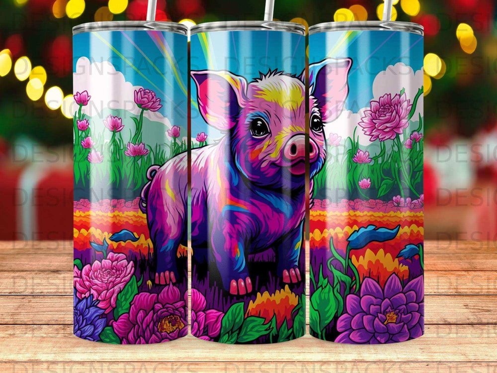 Colorful piglet surrounded by vibrant flowers and rainbow accents.