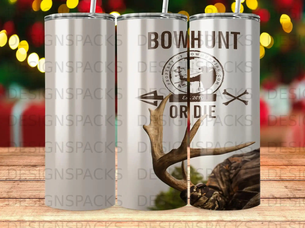 Tumbler with "Bowhunt or Die" logo featuring a deer antler and hunting graphic.