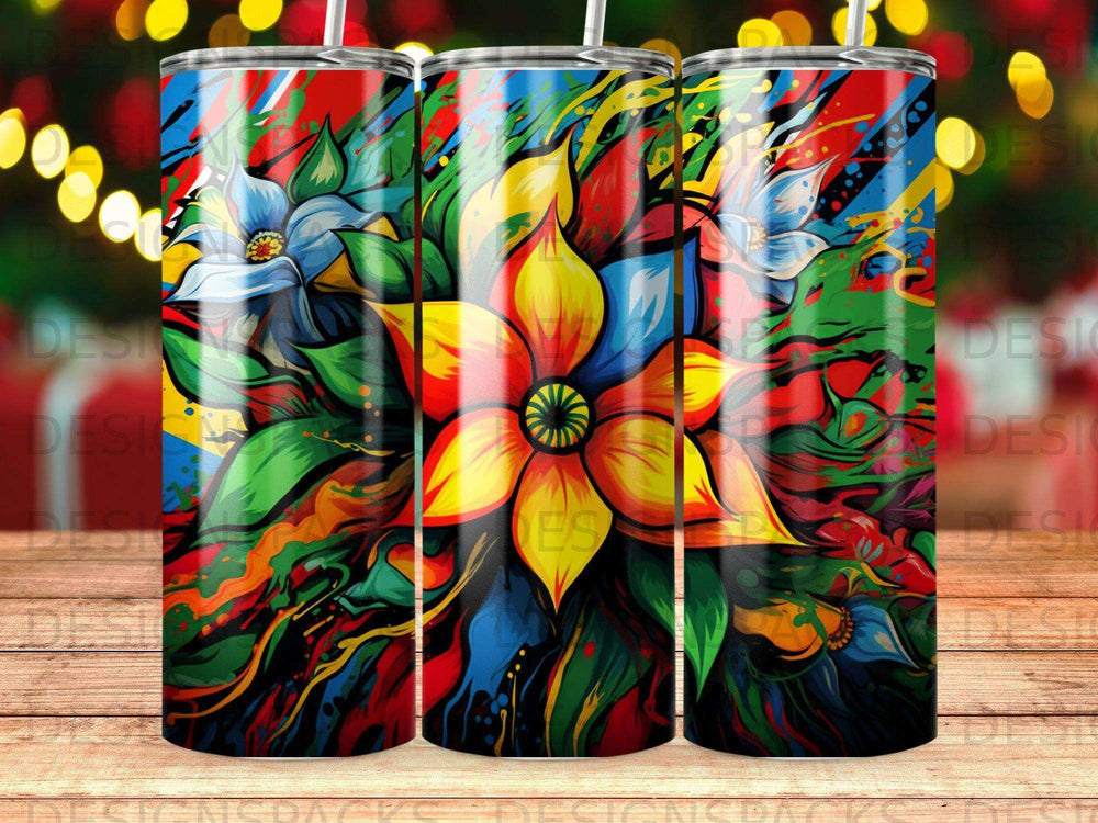 Vibrant floral pattern with bold colors and abstract brushstrokes on a tumbler.