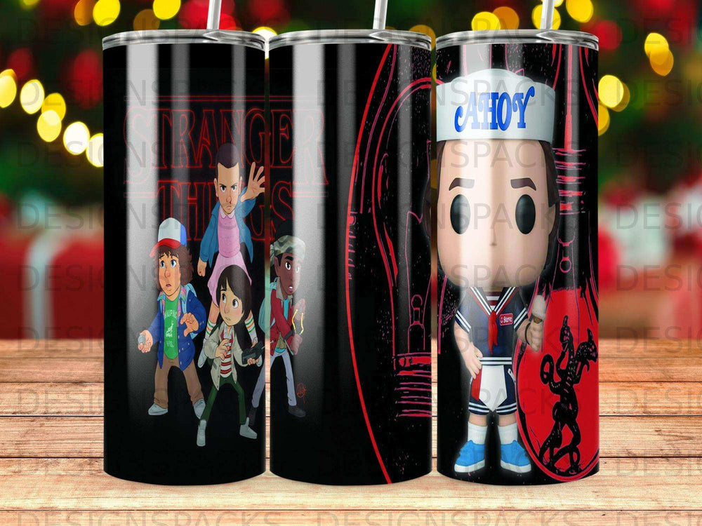 Stranger Things characters Steve, Dustin, Lucas, and Eleven on a black tumbler.