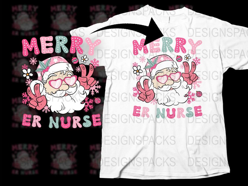 Merry ER Nurse Christmas T-Shirt, Santa Graphic Holiday Tee, Festive Nursing Apparel, Pink Floral Design