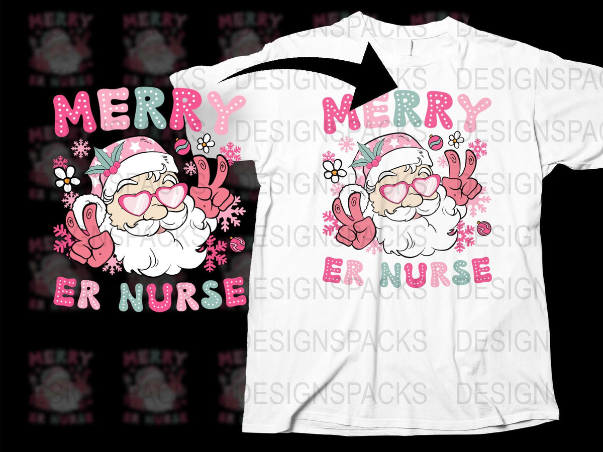 Merry ER Nurse Christmas T-Shirt, Santa Graphic Holiday Tee, Festive Nursing Apparel, Pink Floral Design