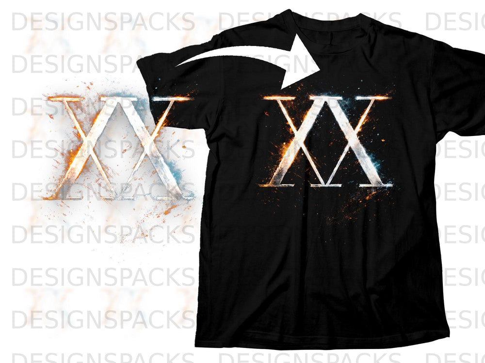 Black t-shirt with a white and blue fiery "XX" graphic on the chest.