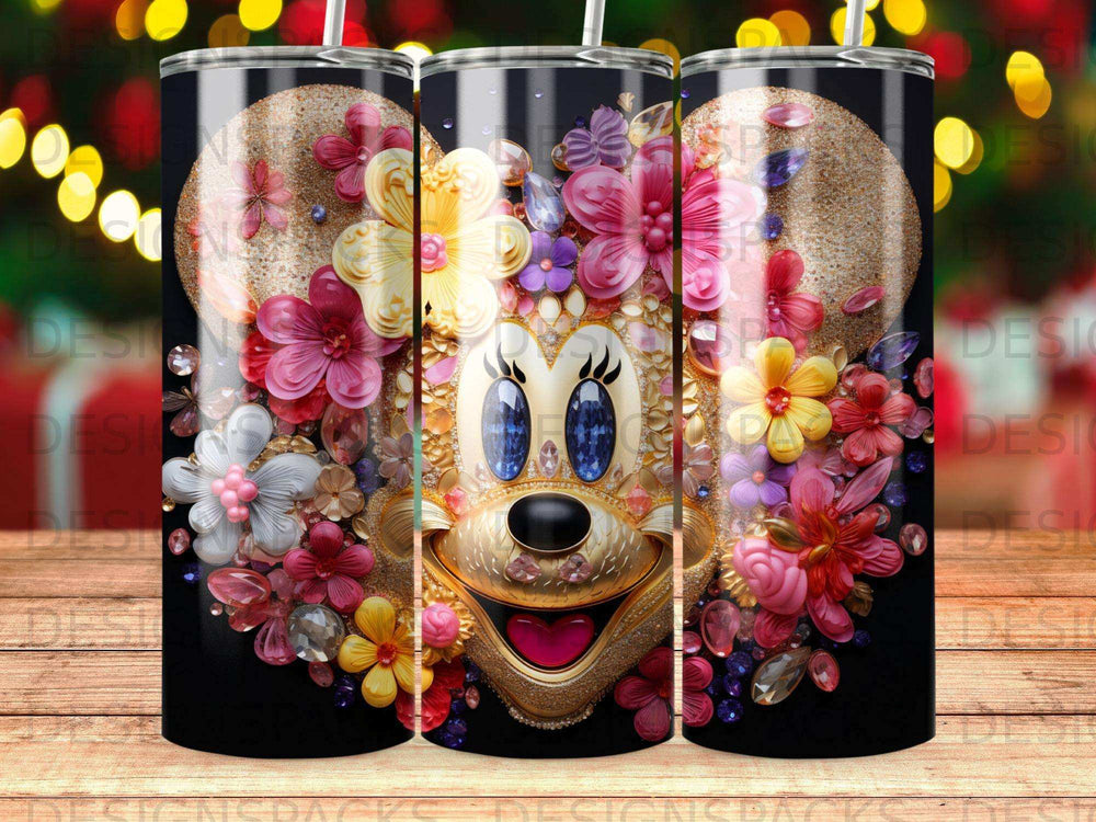 Minnie Mouse face surrounded by colorful flowers and glitter on a black striped background.