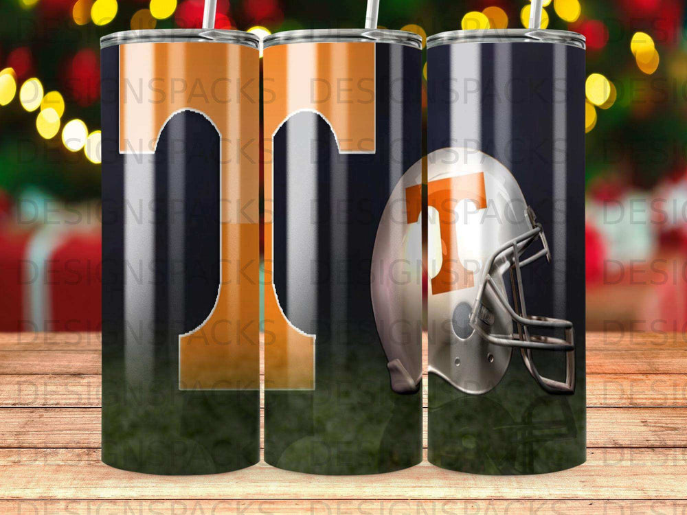 Tennessee Vols helmet and logo on a black background tumbler.