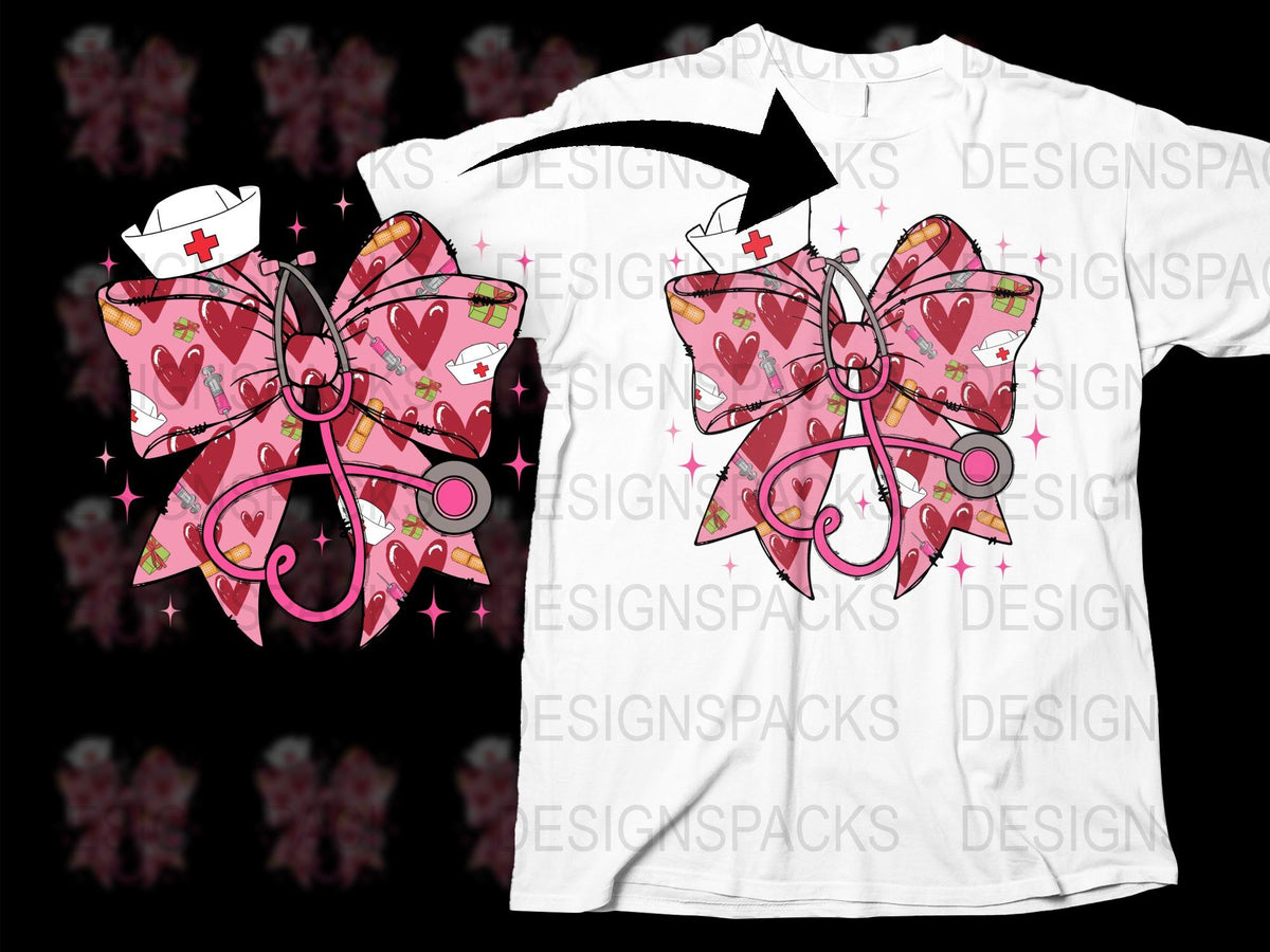 Nurse Themed T-Shirt with Pink Bow Design, Heart Patterns, Medical Graphic Tee