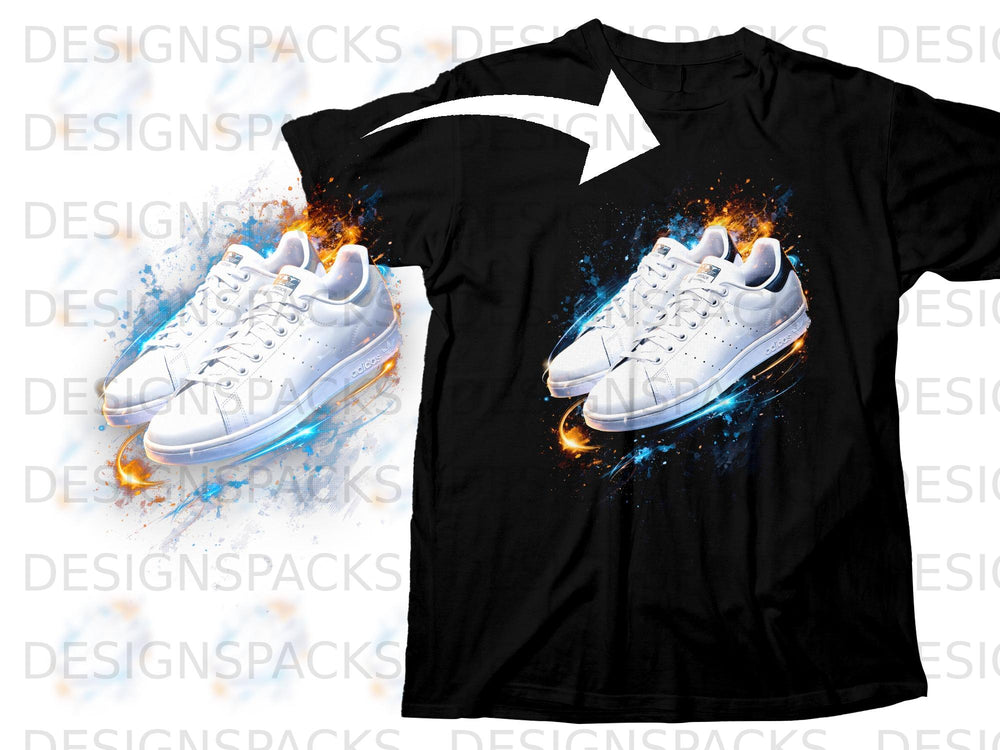 Black t-shirt with white Adidas sneakers graphic and abstract energetic splashes.
