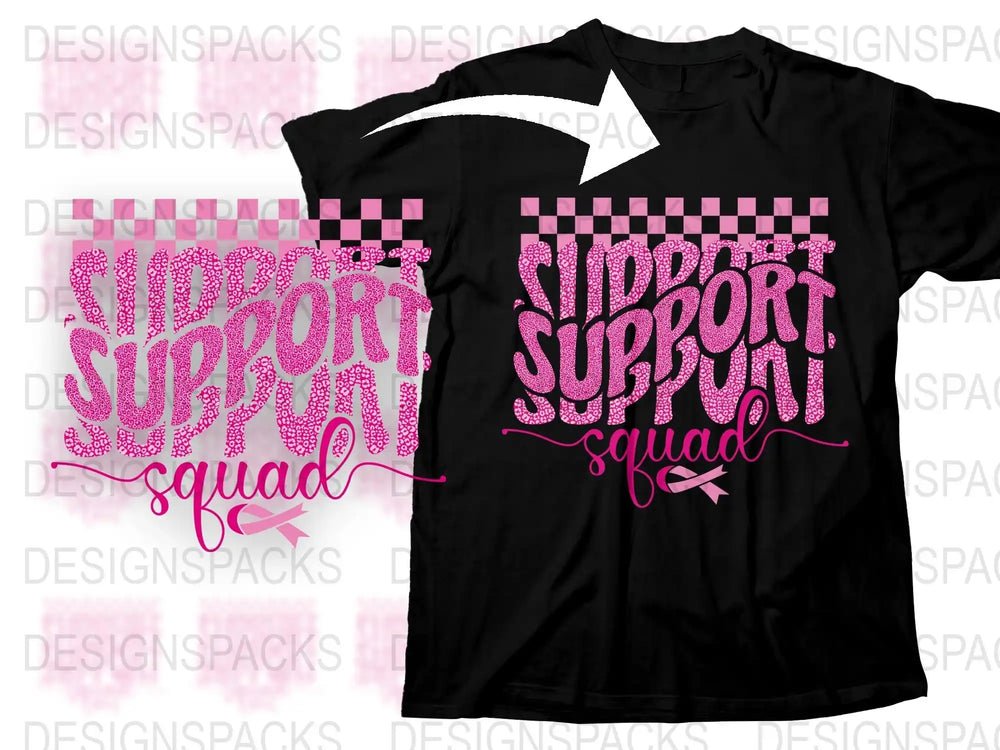 Support Squad Breast Cancer Awareness Pink Ribbon T-Shirt, Checkered Pattern Graphic Tee for Women