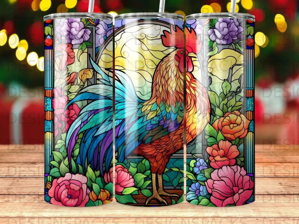 Rooster and stained glass design on a tumbler with floral accents.