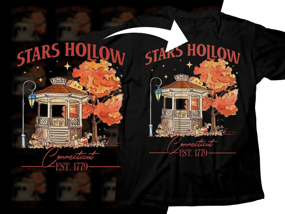 Stars Hollow Connecticut t-shirt design with autumn gazebo, pumpkins, and fall foliage