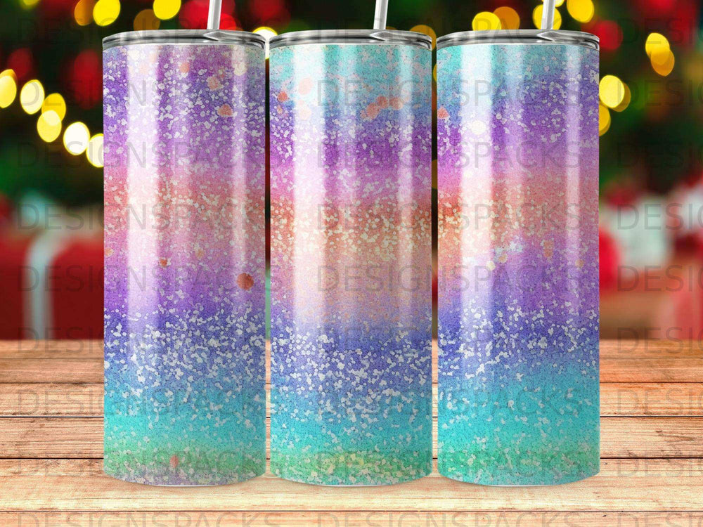 Three tumblers with glittery purple, pink, and turquoise ombre design.