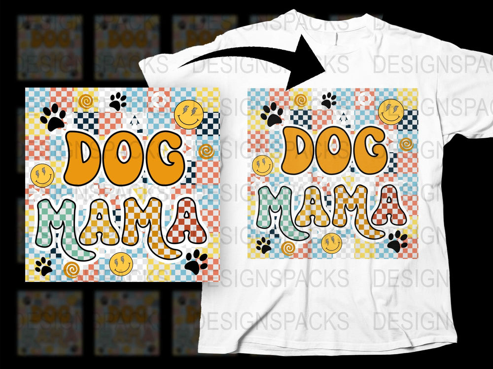 Dog Mama T-Shirt, Cute Pet Lover Gift, Colorful Paw Print Design, Smiley Faces, Casual Wear