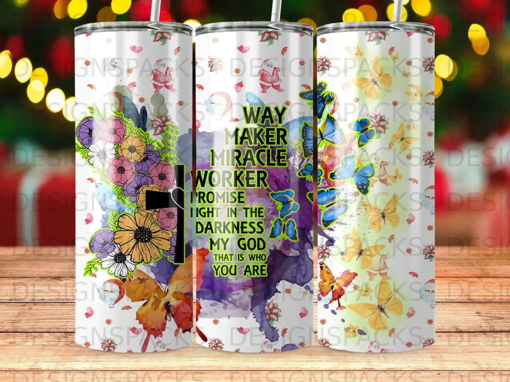 Tumbler with floral design and "Way Maker Miracle Worker" text in watercolor.
