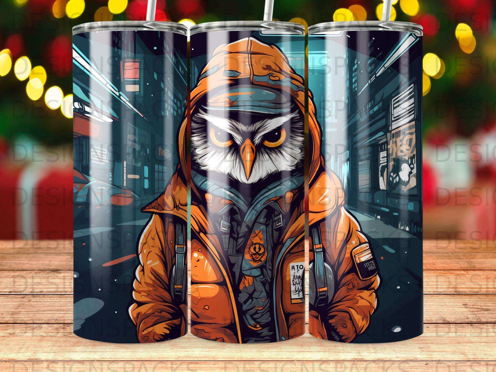 Owl wearing a hooded jacket and mask against a city night background.