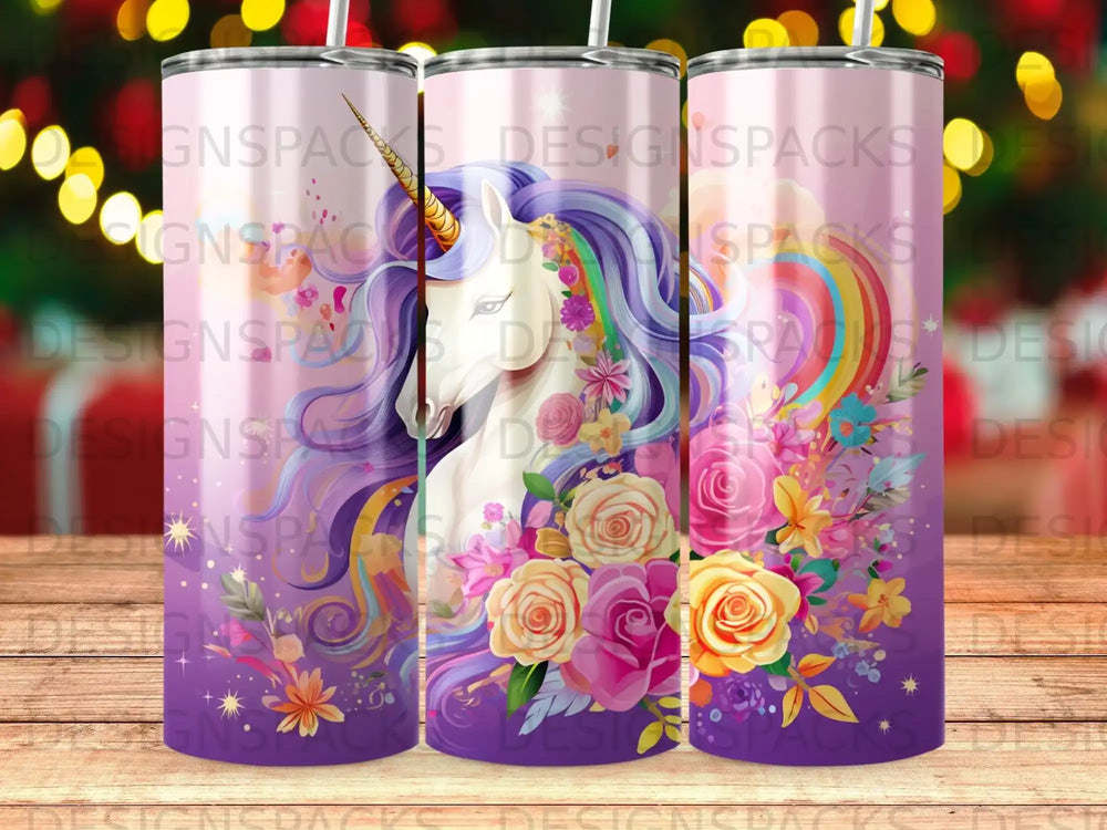 Unicorn with rainbow mane and flowers, on a purple patterned tumbler.