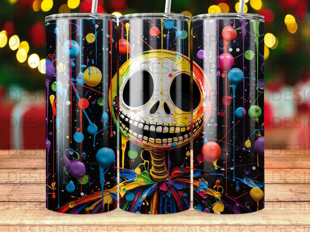 Skull tumbler with colorful paint splatters and bokeh lights.