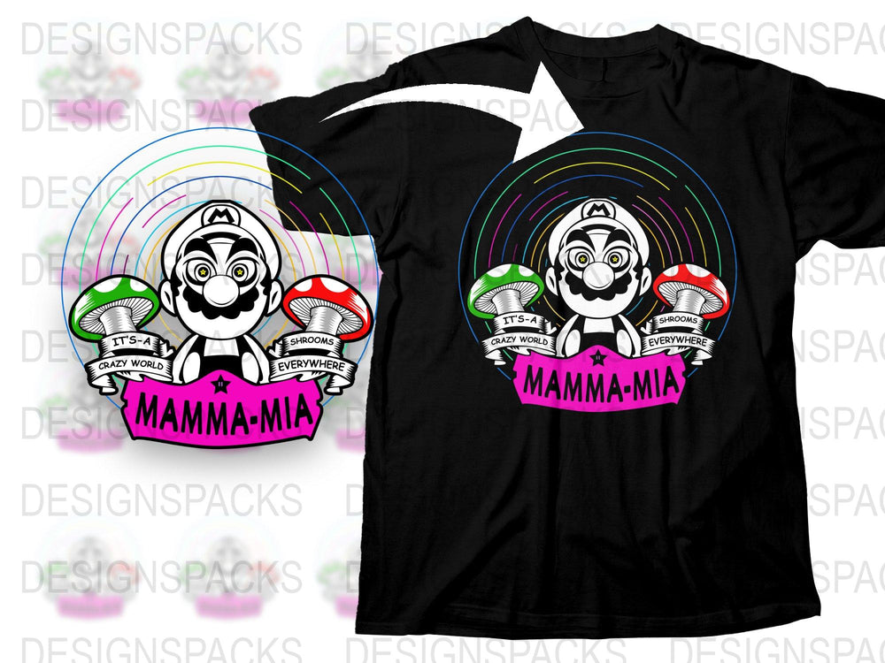Mario Inspired T-Shirt Mamma Mia Video Game Fan Tee Black Unisex Shirt with Colorful Design