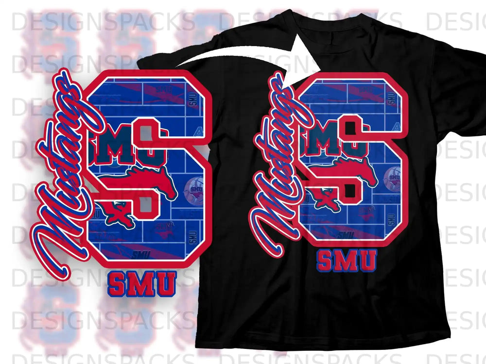 SMU Mustangs Large 6 Logo Graphic Design T-shirt