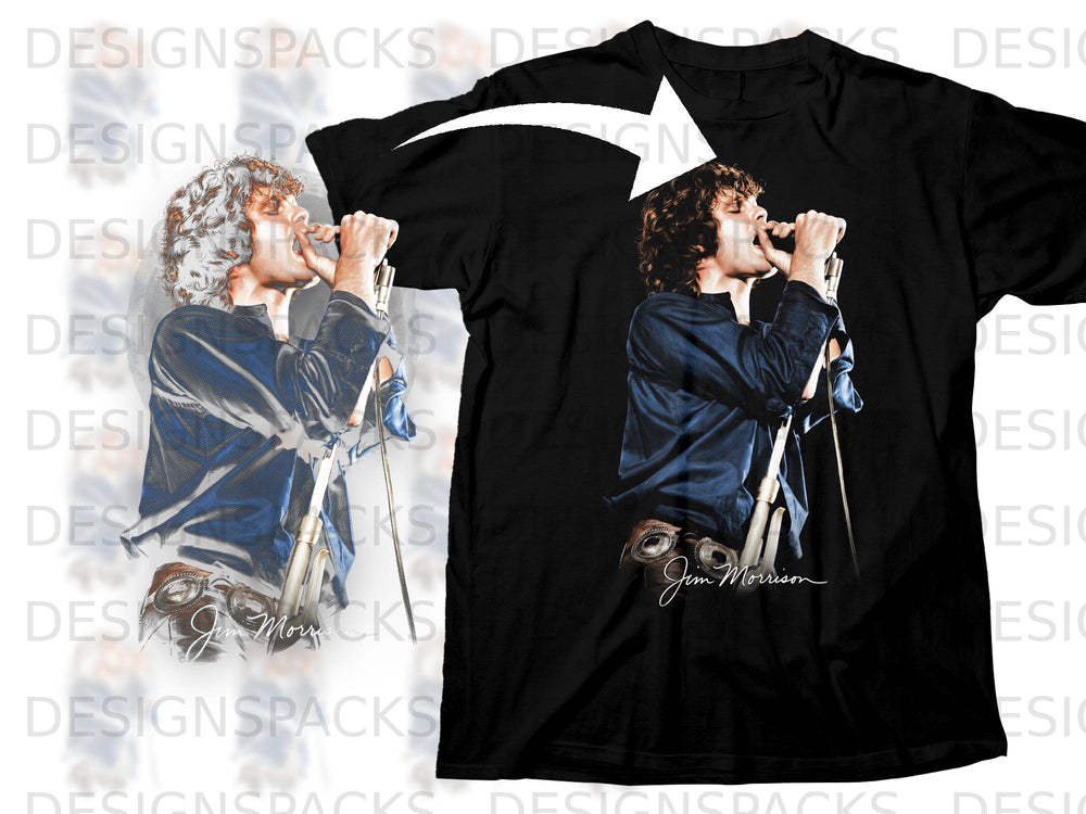 Black t-shirt with a drawing of Jim Morrison singing into a microphone.