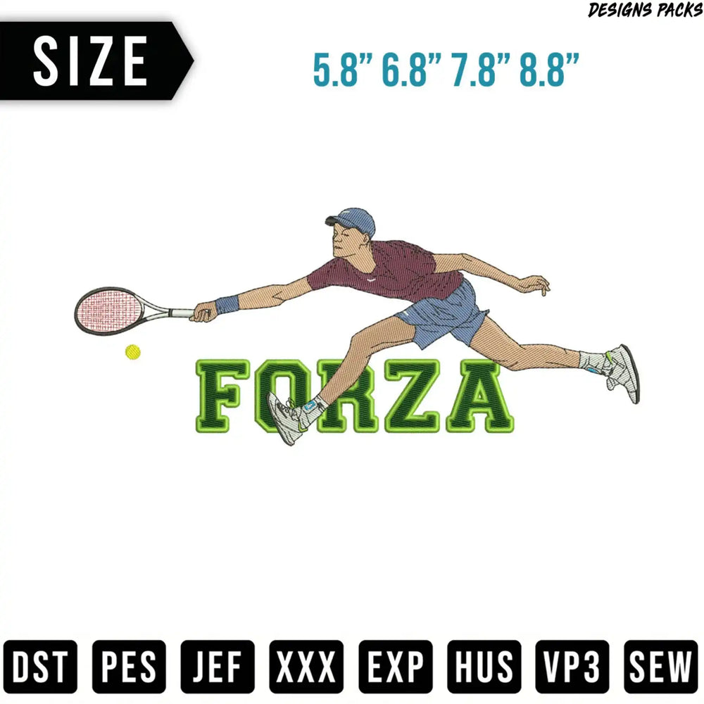 Tennis player lunging for a ball with "FORZA" embroidered across the court.