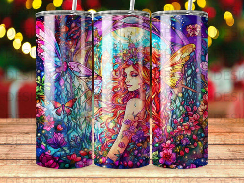 Fairy woman with long flowing hair and butterfly wings surrounded by flowers.