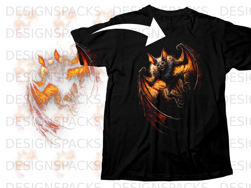 Black t-shirt with a detailed graphic of a fierce, furry bat with glowing orange wings.