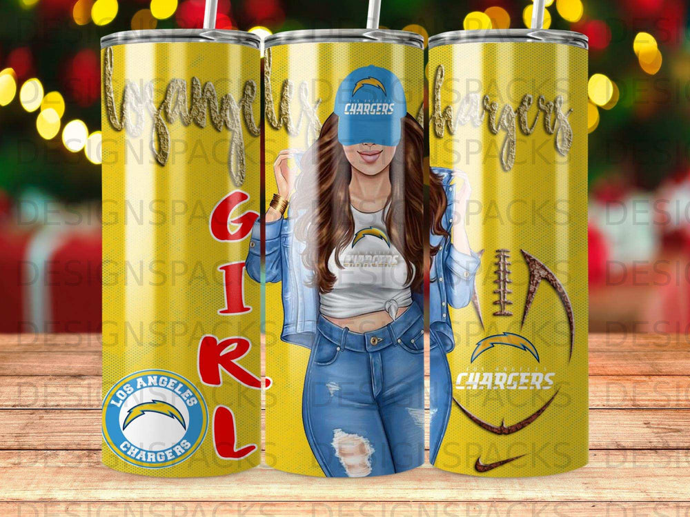 Los Angeles Chargers tumbler with woman in denim jacket and hat.