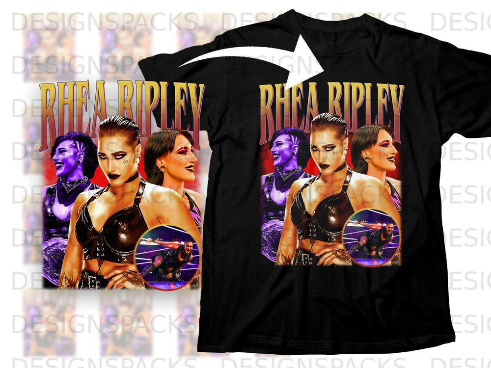 Black t-shirt with Rhea Ripley graphic, featuring four images of the wrestler.