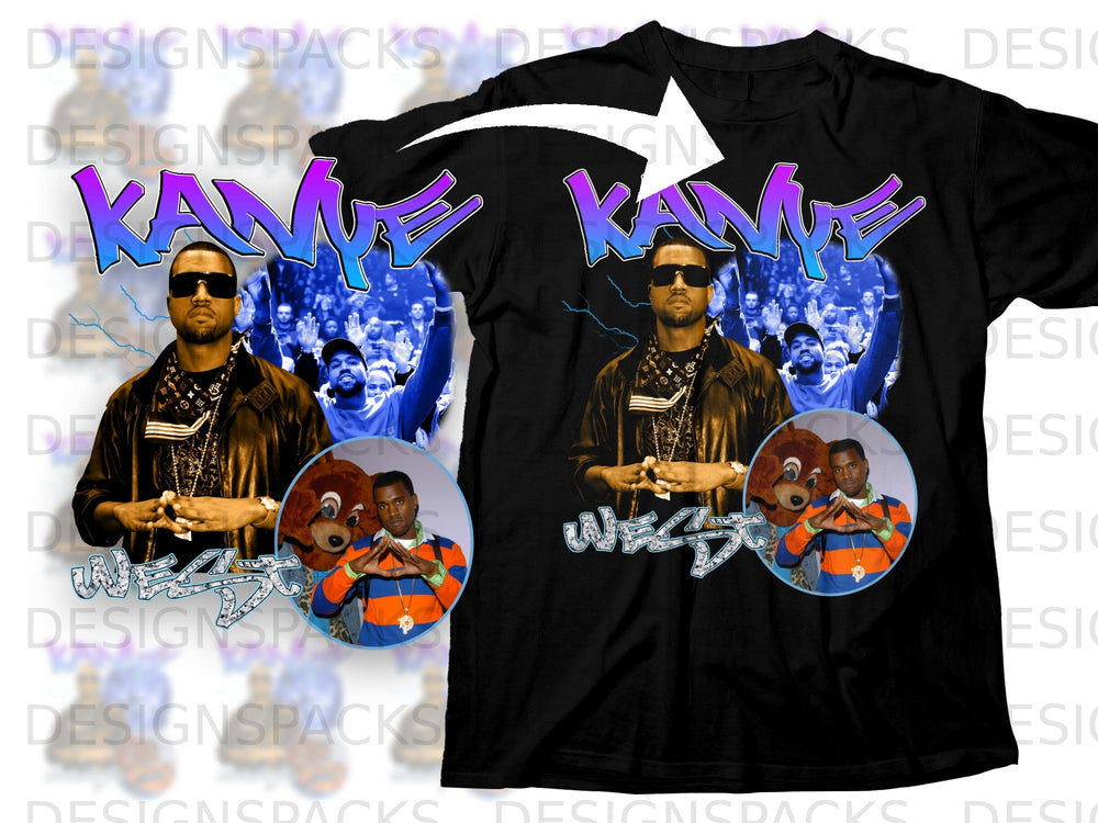 Black t-shirt with "Kanye" in gradient text and image collage.