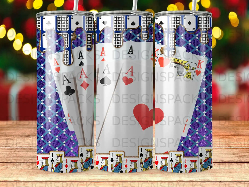 Tumbler featuring playing cards, dice, and dripping blue and purple patterned background.