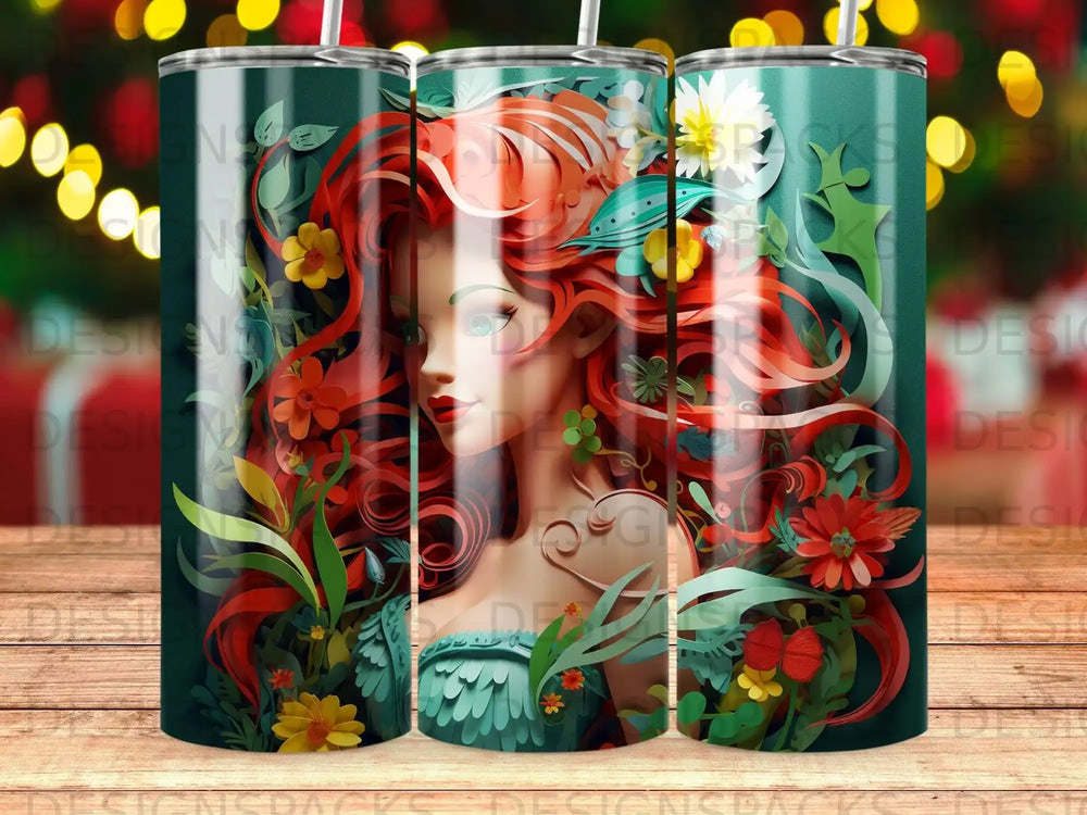 Woman with red hair and green eyes surrounded by colorful flowers and foliage.