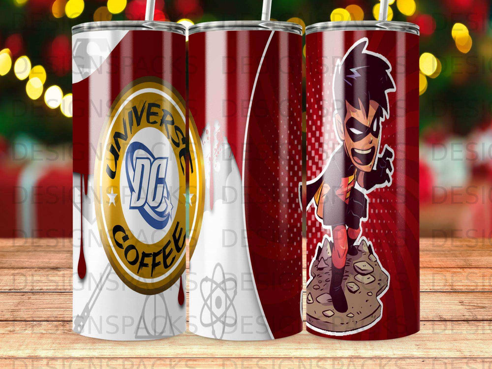 DC Comics Robin on a tumbler with DC Coffee logo.
