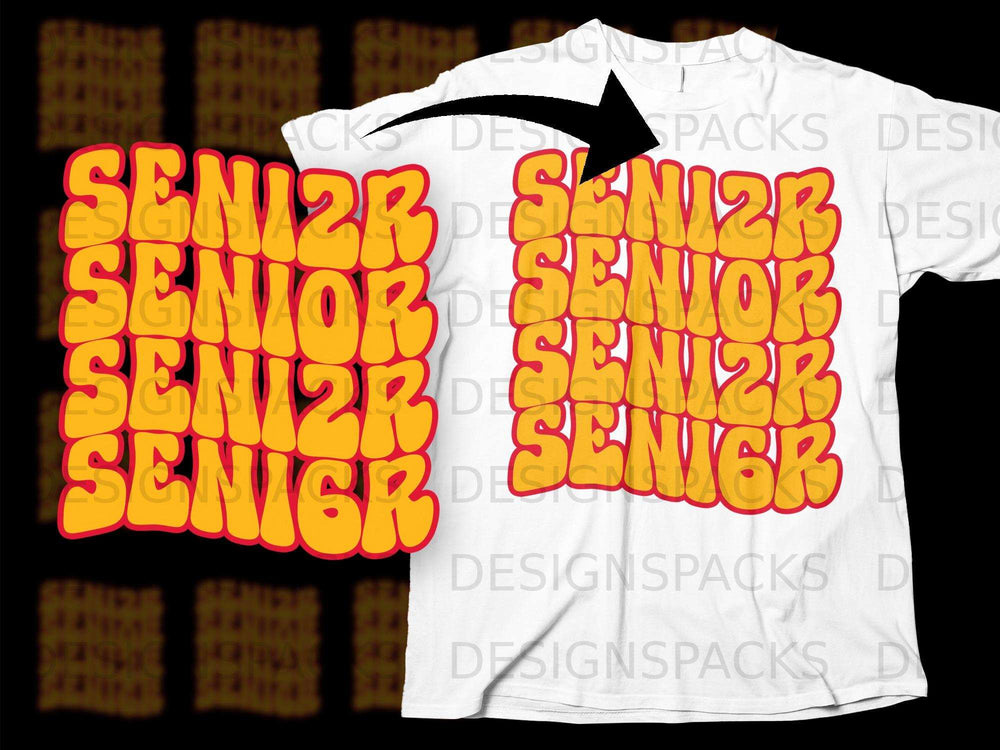 White t-shirt with stacked orange and red "Senior" text in a bubbly font.