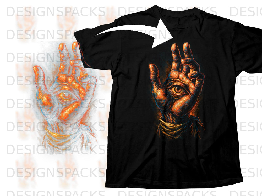 Black t-shirt featuring an illustrated all-seeing eye within a hand design.