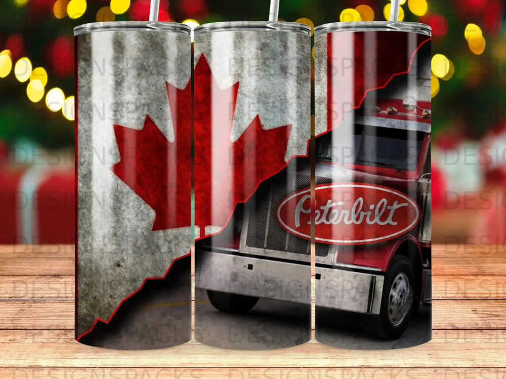Red Peterbilt truck with Canadian flag on a tumbler.