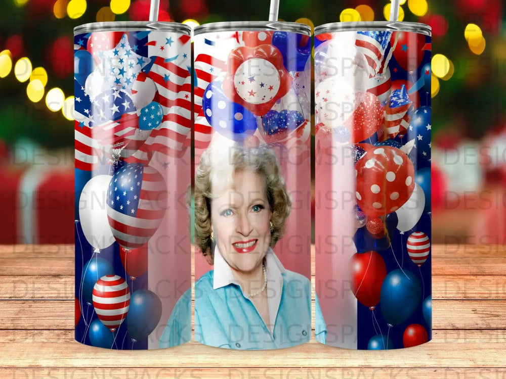 Betty White with American flag and fireworks themed design on a tumbler.