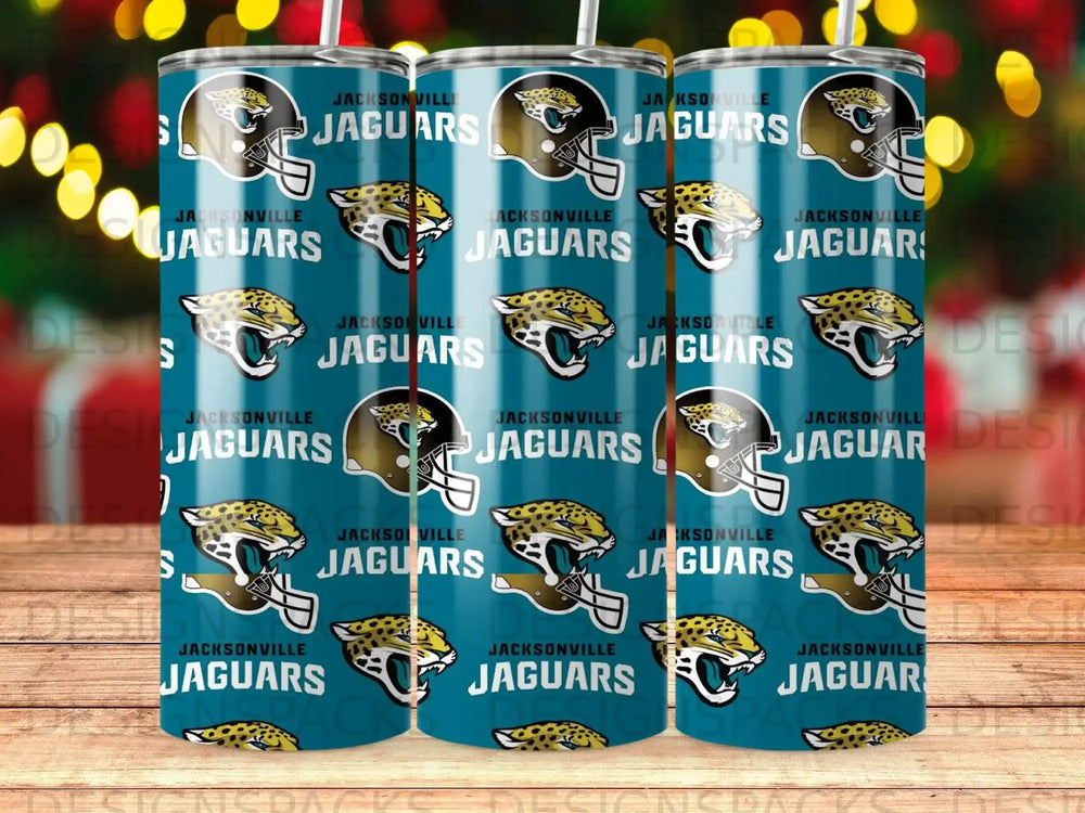 Jacksonville Jaguars helmets and logos repeated pattern on a tumbler.