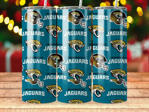 Jacksonville Jaguars helmets and logos repeated pattern on a tumbler.