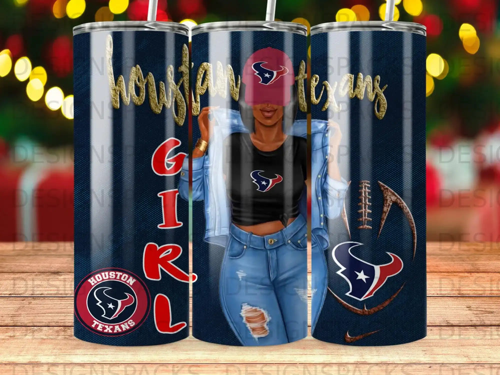 Houston Texans NFL logo and team name on tumbler with a woman wearing denim.
