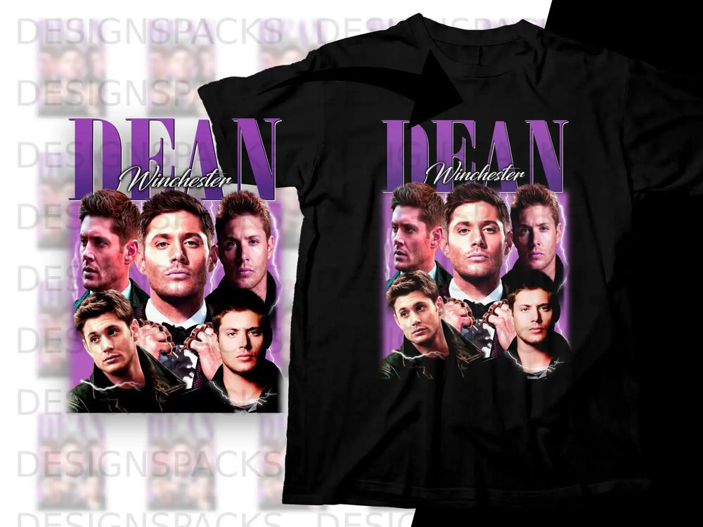 Dean Winchester collage on a black t-shirt with text.