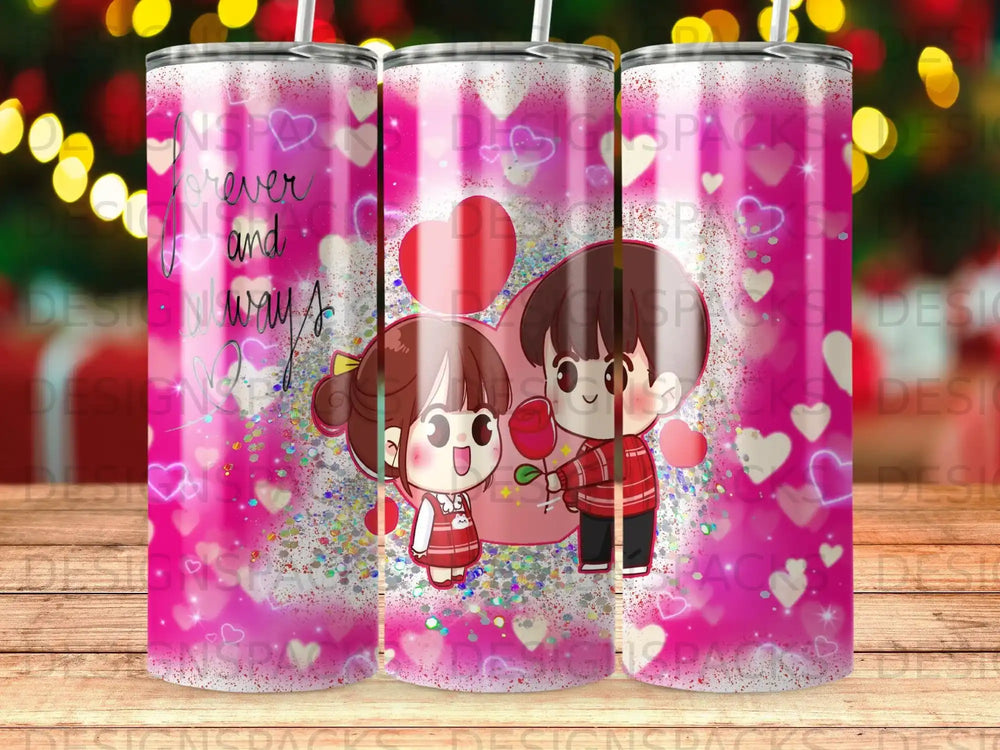 Couple holding a rose, surrounded by hearts and glitter, on a patterned tumbler.