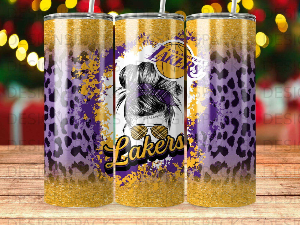 Los Angeles Lakers leopard print and gold glitter tumbler with messy bun graphic.