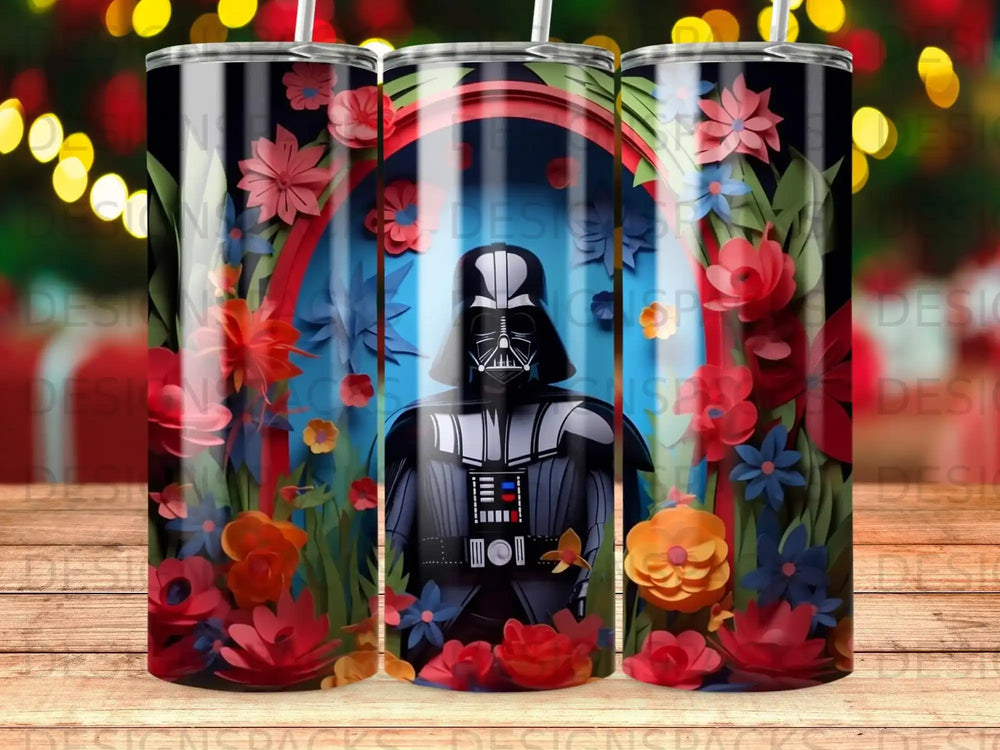 Darth Vader surrounded by colorful paper flowers and archways.