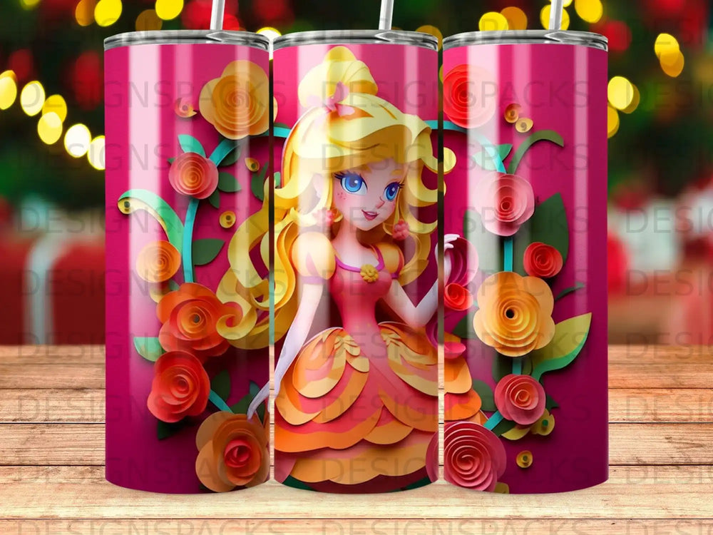 Pink tumbler with Peach from Mario surrounded by orange and red paper flowers.