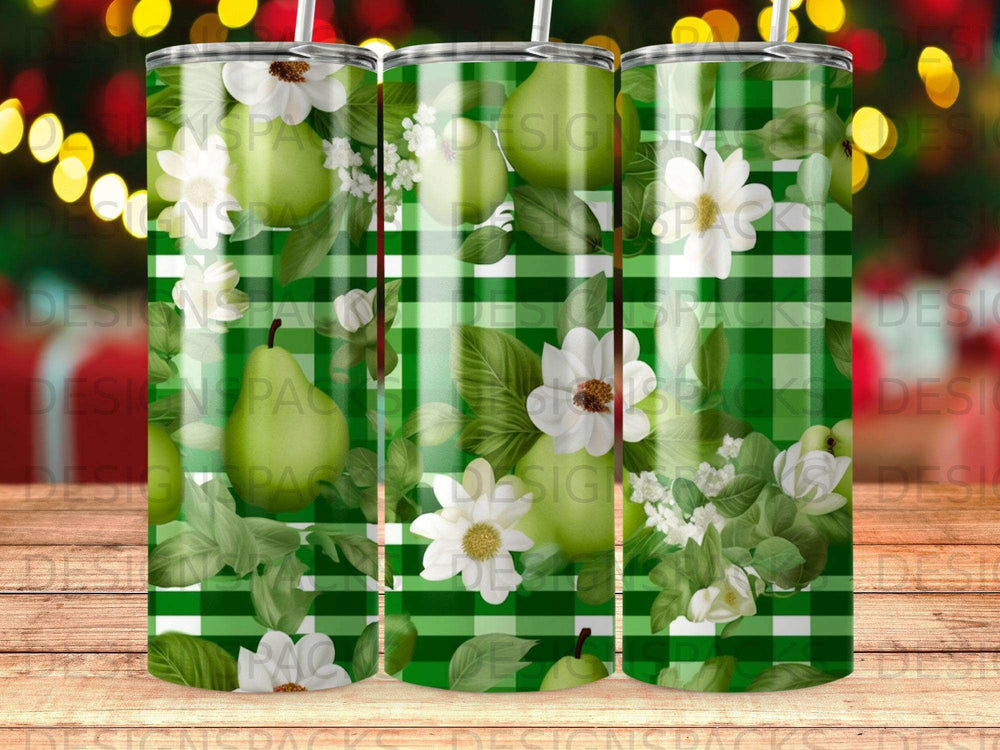Green plaid tumbler with pears and white flowers.