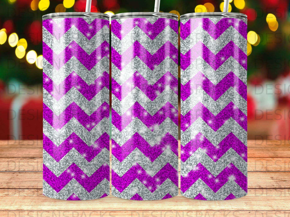 Purple and silver glitter chevron pattern on three tumblers.