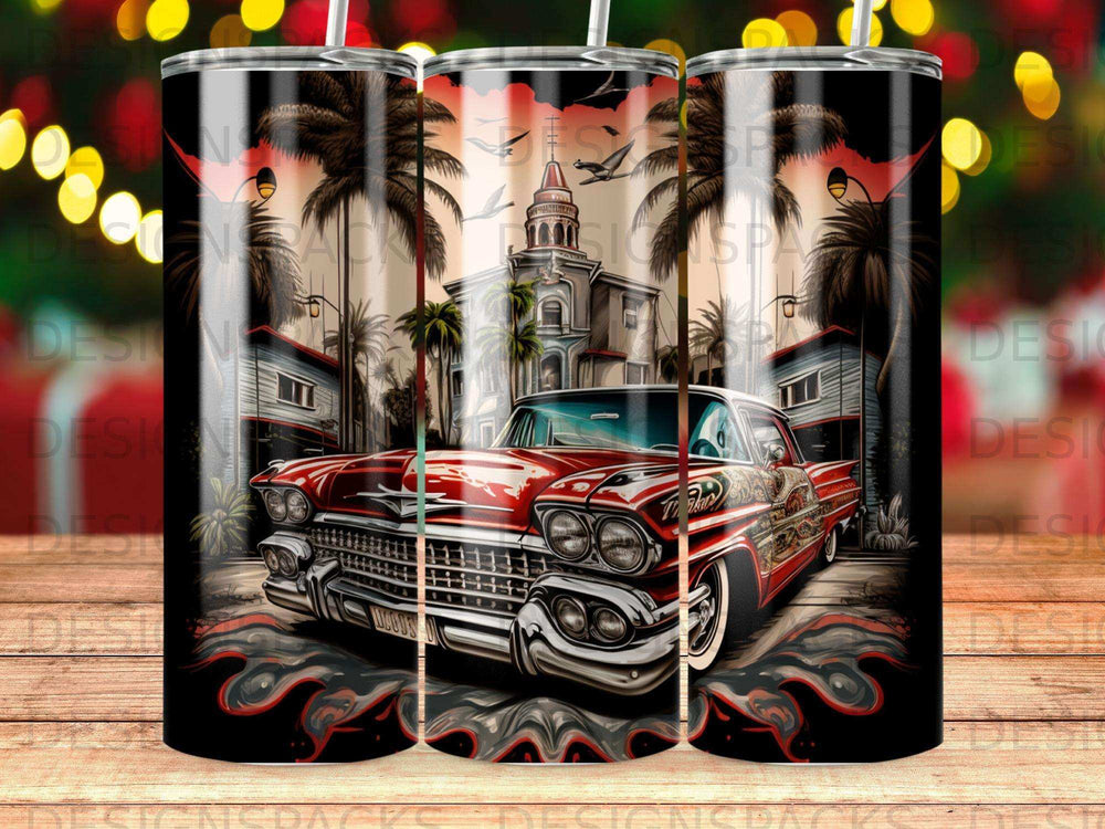 Classic red car with palm trees and building in background.